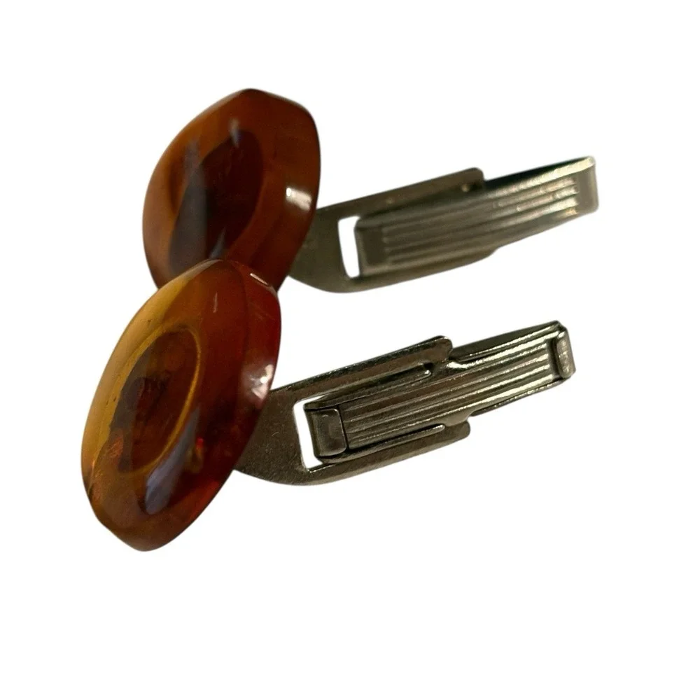 Baltic Amber Cufflinks Signed MET Vintage Unique Nature‎ Oval MCM Translucent